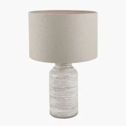 Clearance Alina Tall White Dot Stoneware Table Lamp with Natural Linen Shade Table Lamps