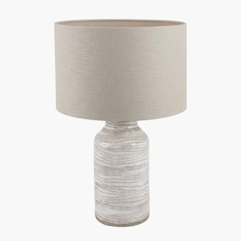 Clearance Alina Tall White Dot Stoneware Table Lamp with Natural Linen Shade Table Lamps