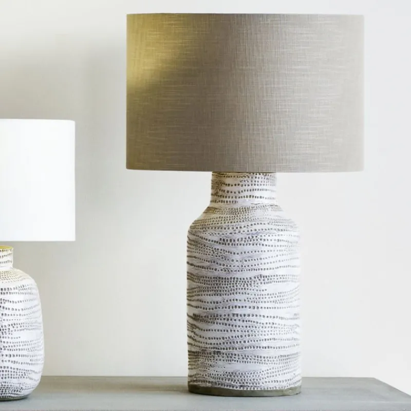 Clearance Alina Tall White Dot Stoneware Table Lamp with Natural Linen Shade Table Lamps