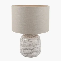 Fashion Alina White Dot Design Small Stoneware Table Lamp with Natural Linen Shade Table Lamps