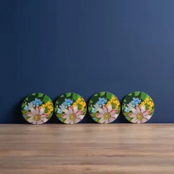 Best Floral Set of 4 Round Coasters Table Linen, Napkins & Mats