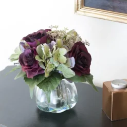 Best Burgundy Green Rose & Hydrangea in Curve Vase Artificial Flowers