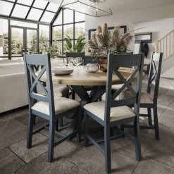New Heritage Editions Blue Large Round Dining Table and 6 Wooden Chairs Dining Sets