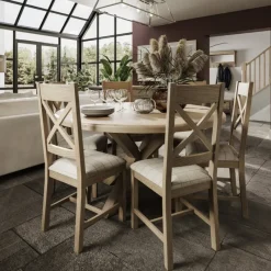Sale Heritage Editions Oak Large Round Dining Table and 6 Upholstered Chairs Dining Sets