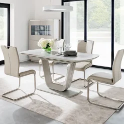 Hot Lazzaro 1.6m Grey Extending Table with 4 Taupe Chairs Dining Sets