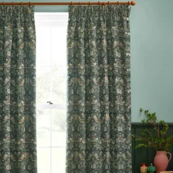Best Strawberry Thief Forest Green Jacquard Pencil Pleat Curtains Curtains