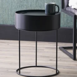 Clearance Hugo Black Wood Veneer and Black Metal Storage Table Side Tables