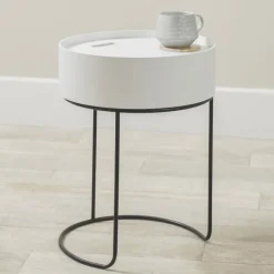 Fashion Hugo White Wood Veneer and Black Metal Storage Table Side Tables