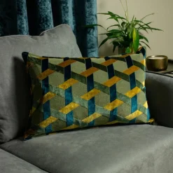 Sale Delano Teal and Gold Velvet Jacquard Cushion Cushions