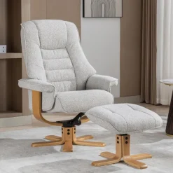 Best Sardinia Swivel Recliner Chair & Stool Set in Greige Fabric Recliner Chairs