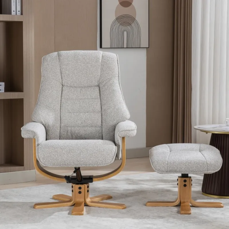 Best Sardinia Swivel Recliner Chair & Stool Set in Greige Fabric Recliner Chairs