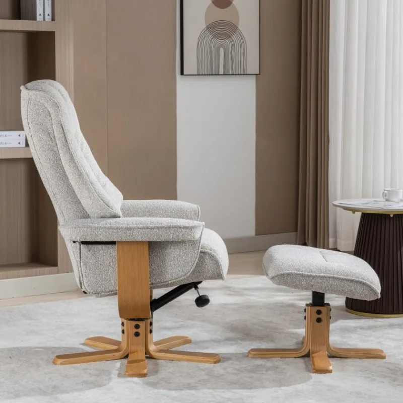 Best Sardinia Swivel Recliner Chair & Stool Set in Greige Fabric Recliner Chairs