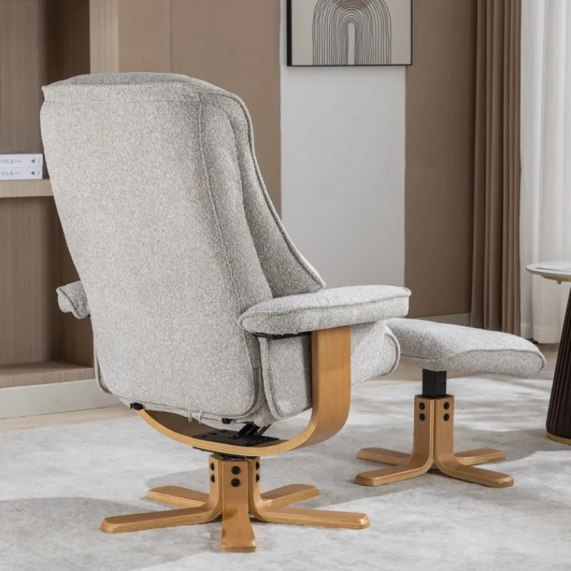 Best Sardinia Swivel Recliner Chair & Stool Set in Greige Fabric Recliner Chairs