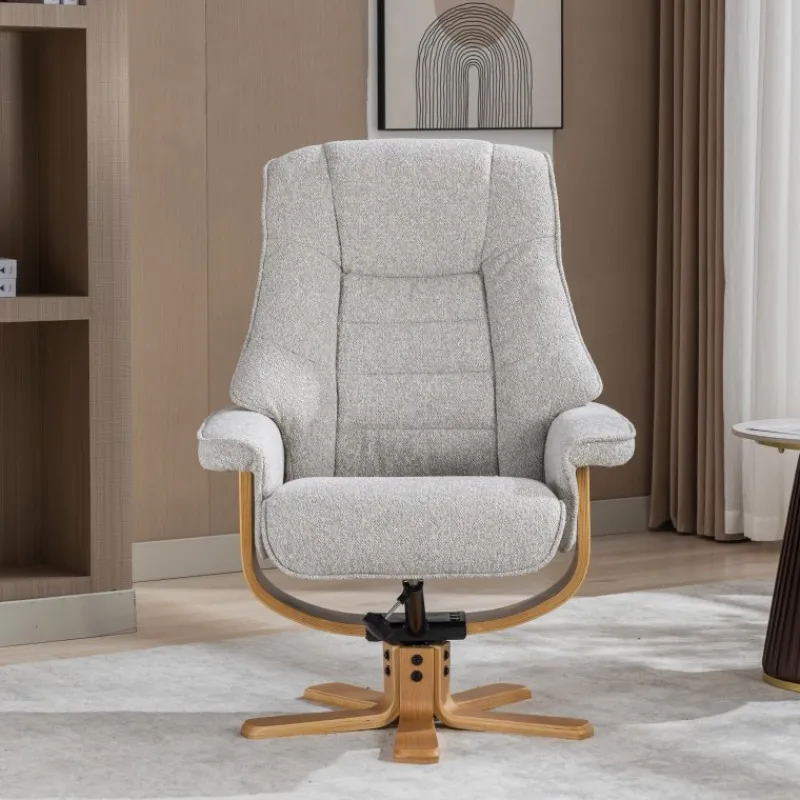 Best Sardinia Swivel Recliner Chair & Stool Set in Greige Fabric Recliner Chairs