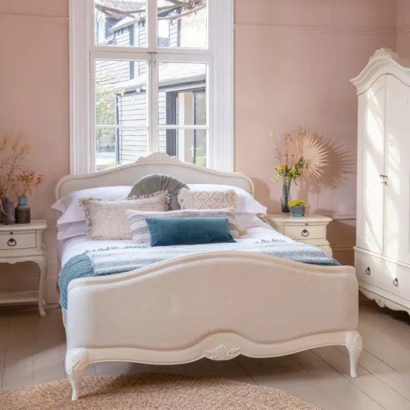 Discount Ivory Bedroom Double Upholstered Bedstead high end Bed Frames
